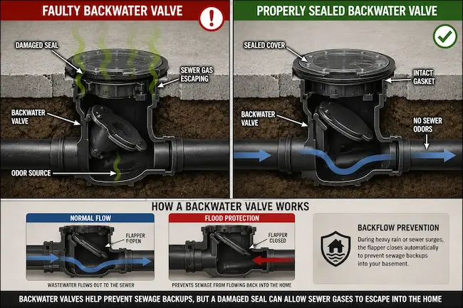 unsealed backwater valve sewer odor basement